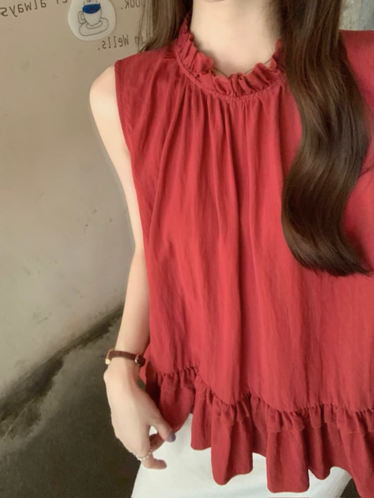 실사 정가 달콤함 프릴 민소매 조끼 셔츠 한 부서 chic 연령 감소 디스플레이 화이트 빨간색 작은 셔츠 맨위 상세 이미지 14