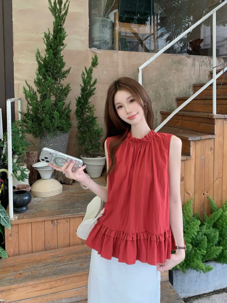 실사 정가 달콤함 프릴 민소매 조끼 셔츠 한 부서 chic 연령 감소 디스플레이 화이트 빨간색 작은 셔츠 맨위 상세 이미지 15