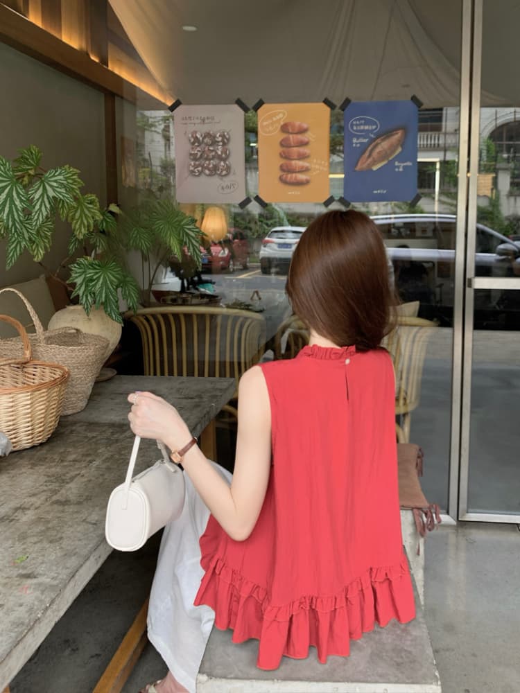 실사 정가 달콤함 프릴 민소매 조끼 셔츠 한 부서 chic 연령 감소 디스플레이 화이트 빨간색 작은 셔츠 맨위 상세 이미지 16