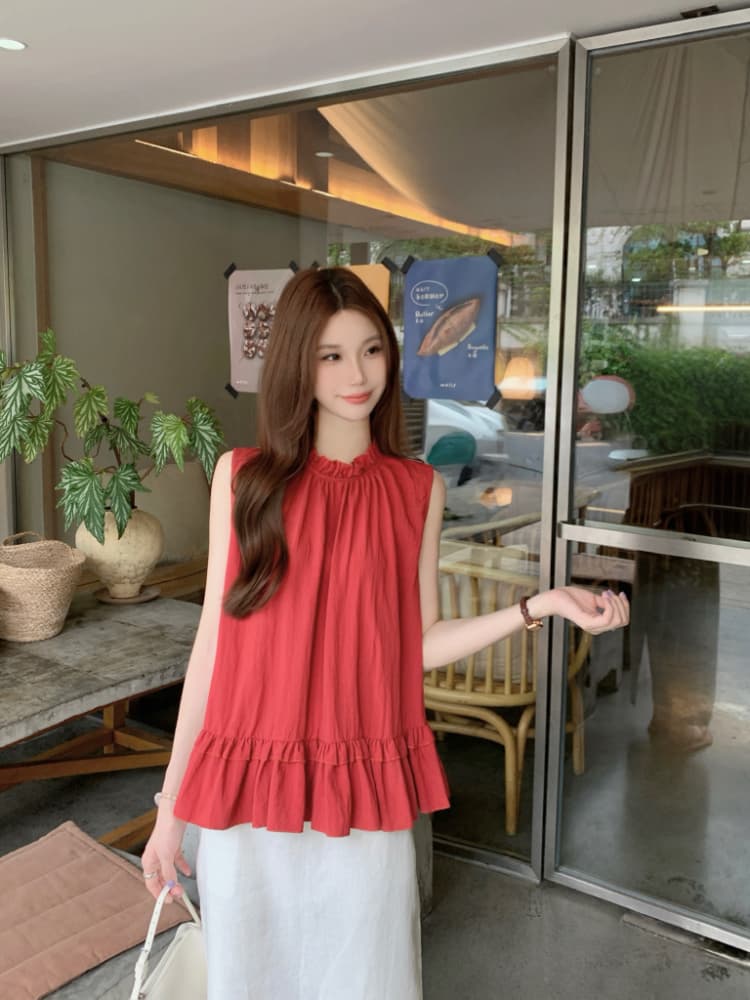 실사 정가 달콤함 프릴 민소매 조끼 셔츠 한 부서 chic 연령 감소 디스플레이 화이트 빨간색 작은 셔츠 맨위 상세 이미지 17