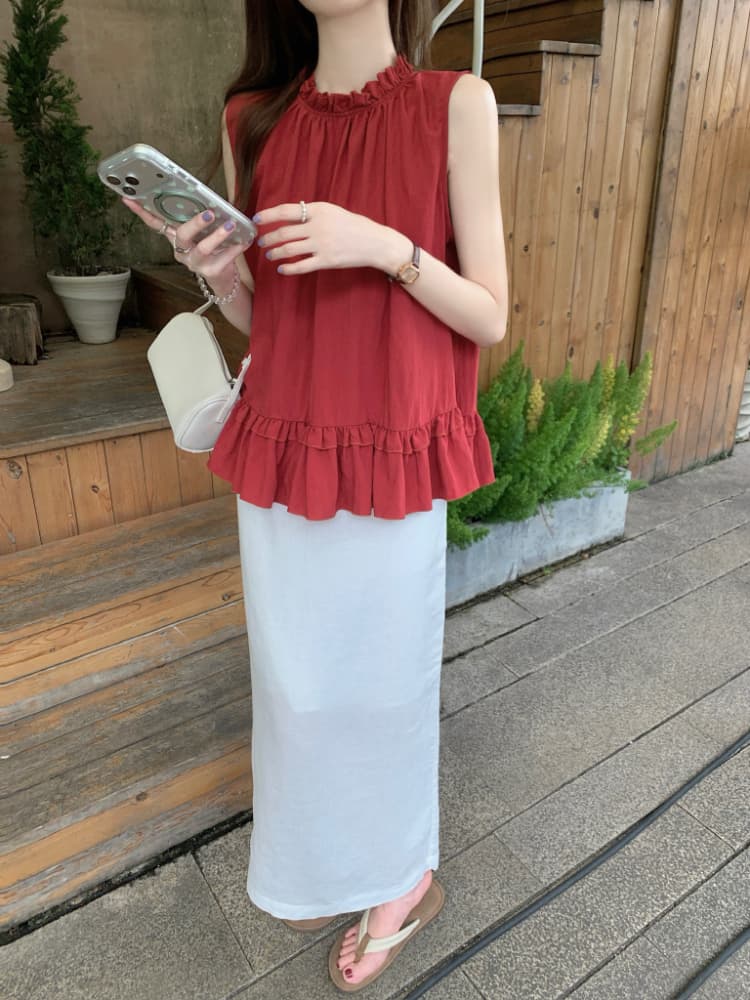 실사 정가 달콤함 프릴 민소매 조끼 셔츠 한 부서 chic 연령 감소 디스플레이 화이트 빨간색 작은 셔츠 맨위 상세 이미지 18