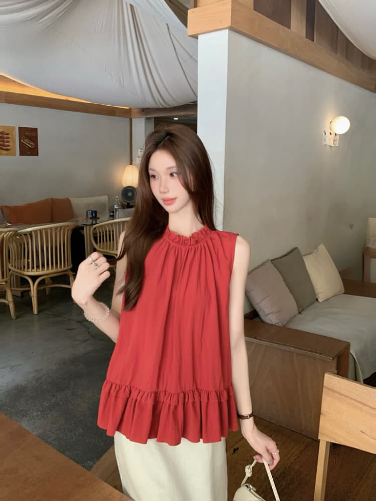 실사 정가 달콤함 프릴 민소매 조끼 셔츠 한 부서 chic 연령 감소 디스플레이 화이트 빨간색 작은 셔츠 맨위 상세 이미지 19