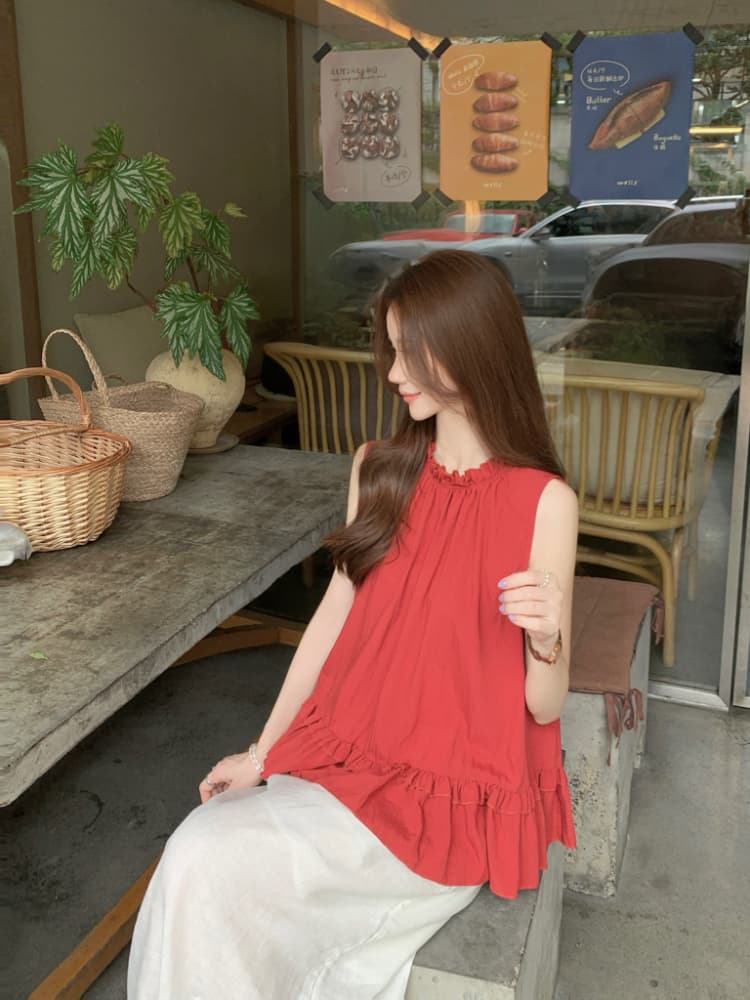 실사 정가 달콤함 프릴 민소매 조끼 셔츠 한 부서 chic 연령 감소 디스플레이 화이트 빨간색 작은 셔츠 맨위 상세 이미지 20