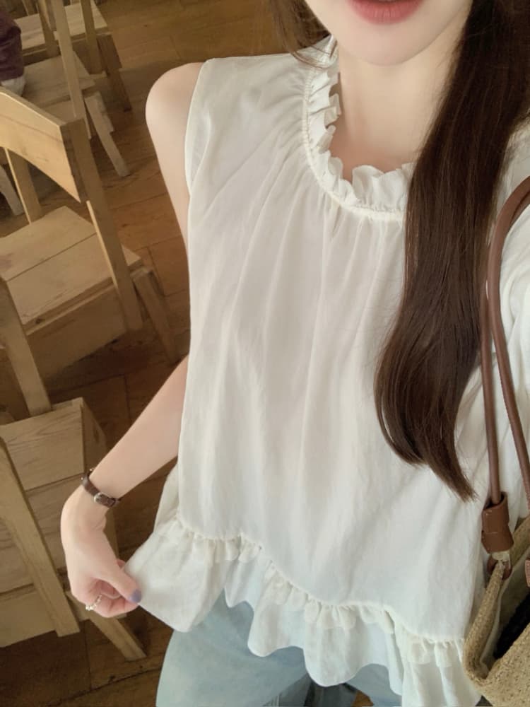 실사 정가 달콤함 프릴 민소매 조끼 셔츠 한 부서 chic 연령 감소 디스플레이 화이트 빨간색 작은 셔츠 맨위 이미지 4