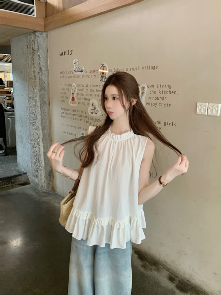 실사 정가 달콤함 프릴 민소매 조끼 셔츠 한 부서 chic 연령 감소 디스플레이 화이트 빨간색 작은 셔츠 맨위 이미지 2