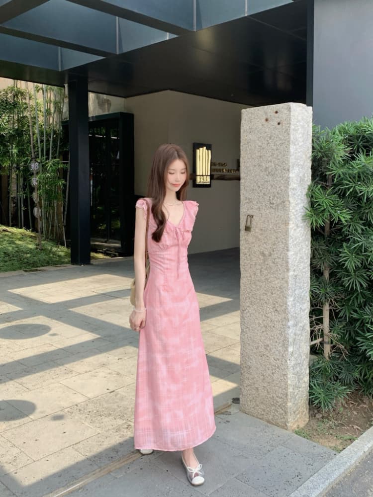 실사 정가 부드러운 바람 프릴 V넥 쉬폰 드레스 품격 핑크색 체크무늬 휴가 바람 민소매 롱 스커트 상세 이미지 4