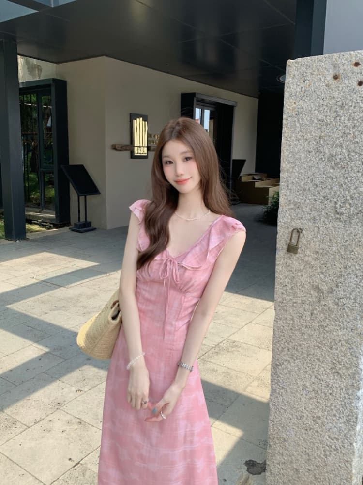 실사 정가 부드러운 바람 프릴 V넥 쉬폰 드레스 품격 핑크색 체크무늬 휴가 바람 민소매 롱 스커트 상세 이미지 5