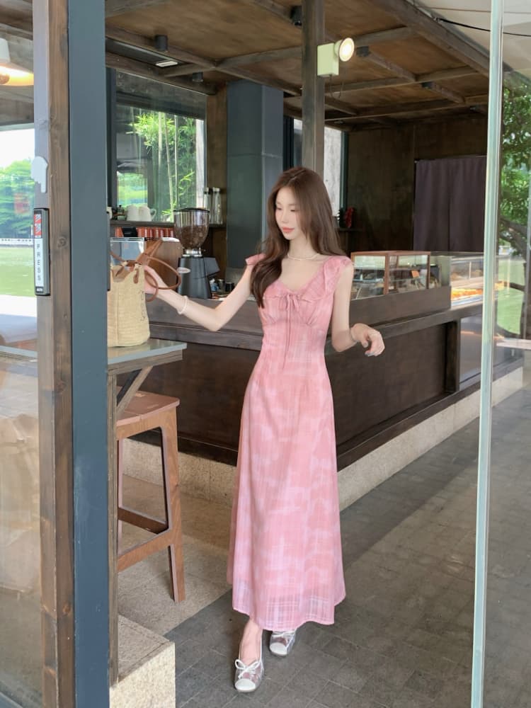 실사 정가 부드러운 바람 프릴 V넥 쉬폰 드레스 품격 핑크색 체크무늬 휴가 바람 민소매 롱 스커트 상세 이미지 6