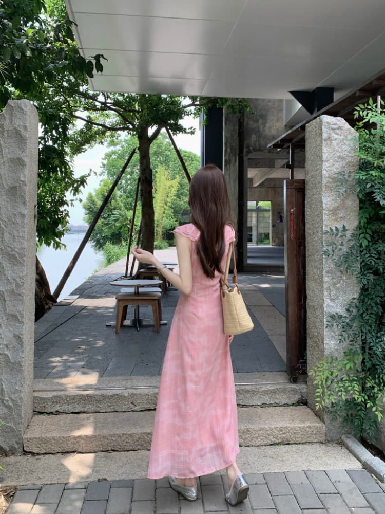 실사 정가 부드러운 바람 프릴 V넥 쉬폰 드레스 품격 핑크색 체크무늬 휴가 바람 민소매 롱 스커트 상세 이미지 7