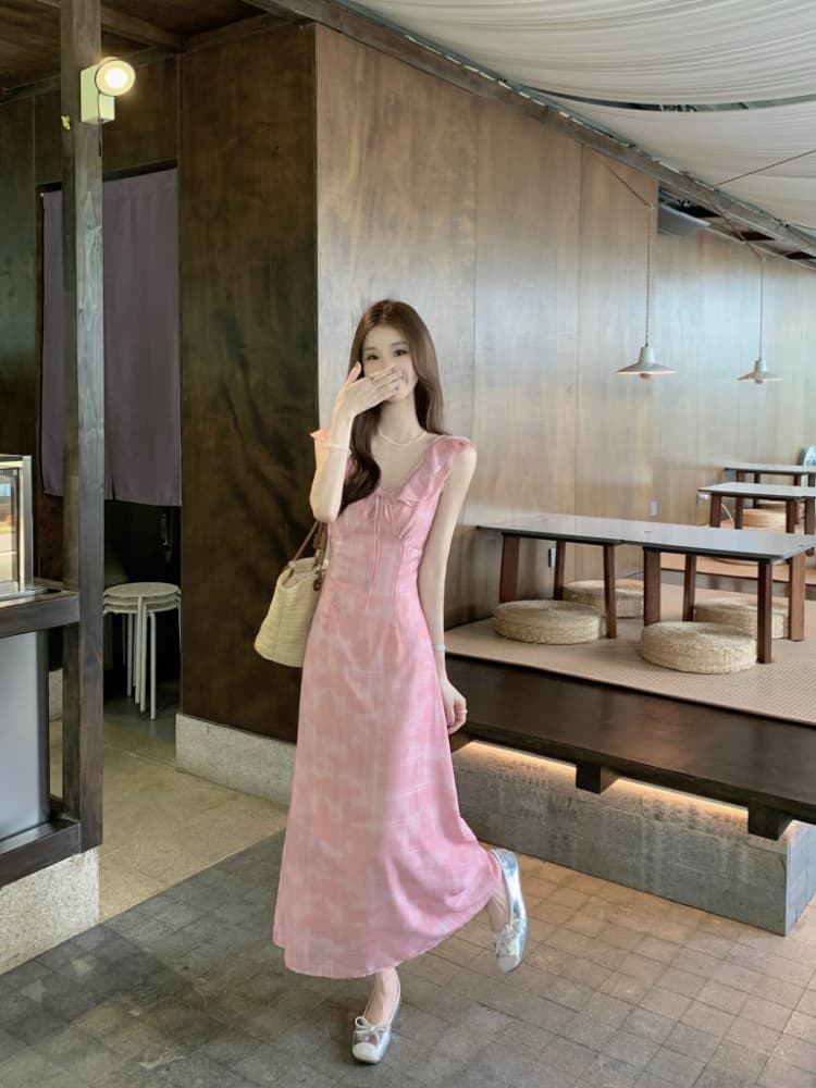 실사 정가 부드러운 바람 프릴 V넥 쉬폰 드레스 품격 핑크색 체크무늬 휴가 바람 민소매 롱 스커트 상세 이미지 9