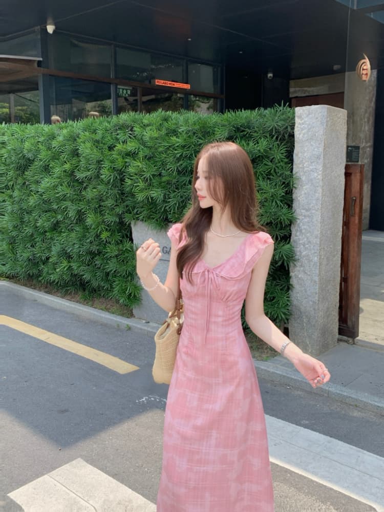 실사 정가 부드러운 바람 프릴 V넥 쉬폰 드레스 품격 핑크색 체크무늬 휴가 바람 민소매 롱 스커트 상세 이미지 10