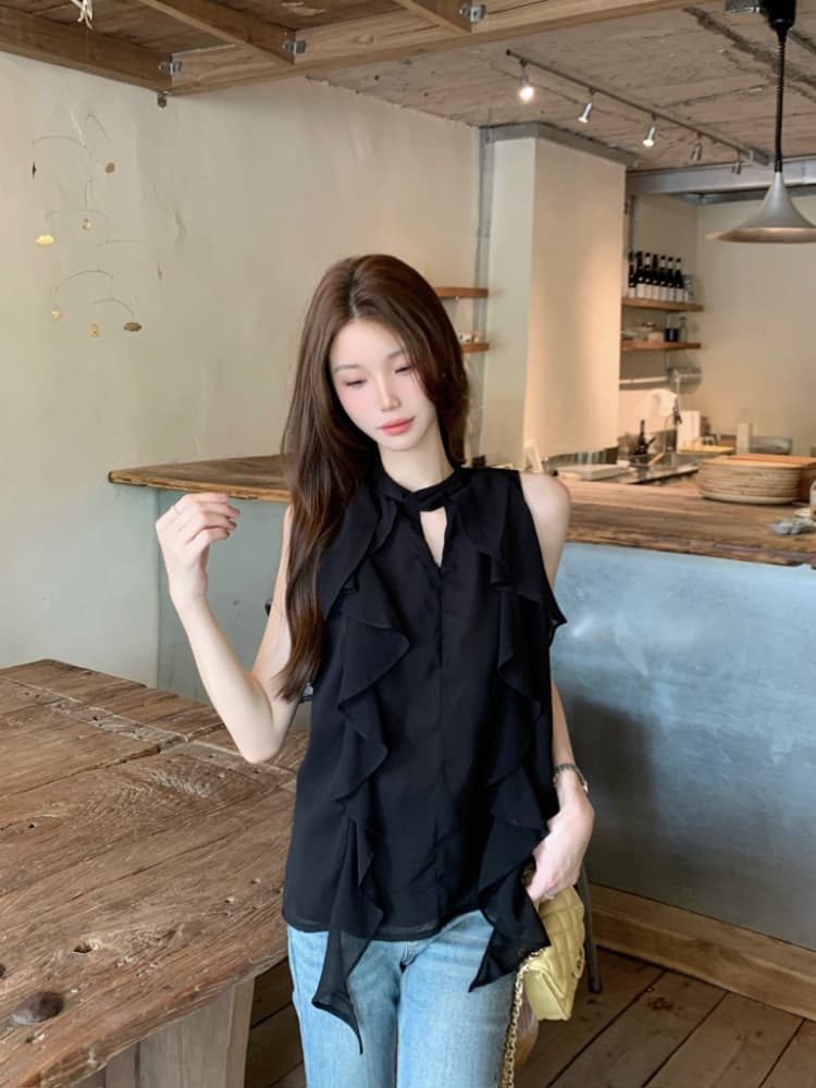 실사 정가 프랑스식 작은 여자 검정색 품격 고급 센스 행침 목 프릴 리본 작은 셔츠 민소매 셔츠 상세 이미지 1