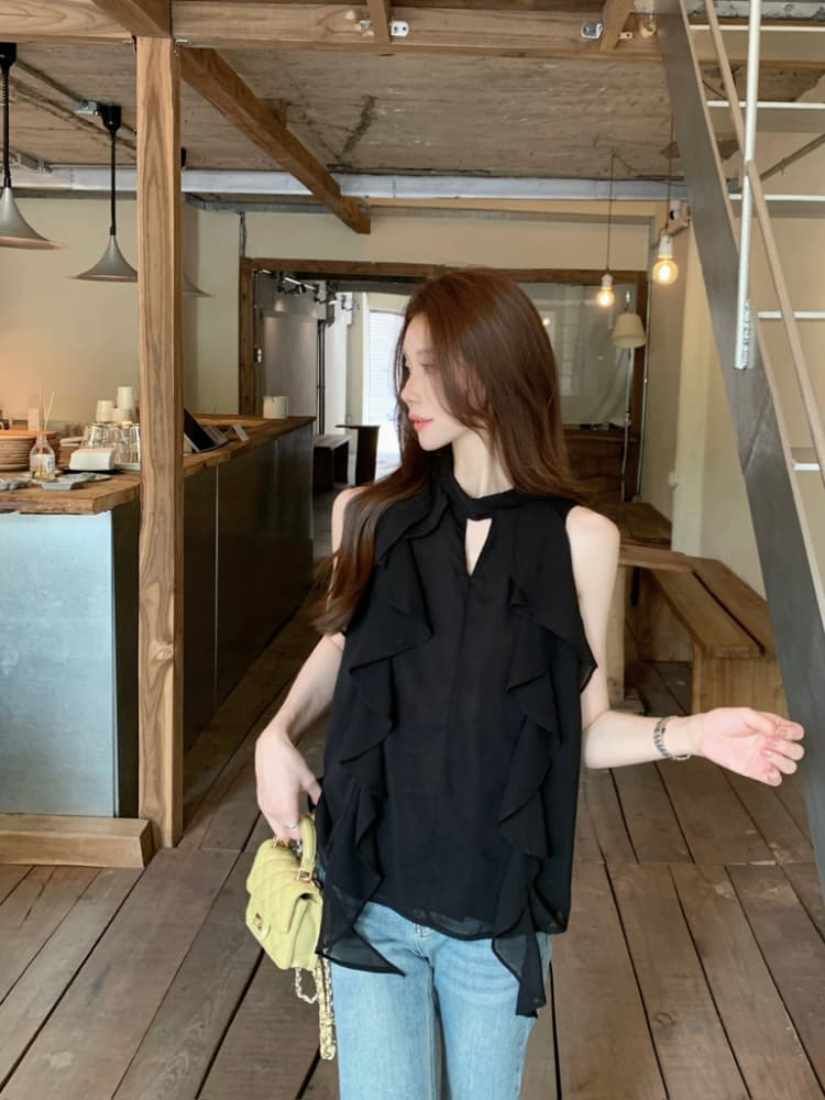실사 정가 프랑스식 작은 여자 검정색 품격 고급 센스 행침 목 프릴 리본 작은 셔츠 민소매 셔츠 상세 이미지 2