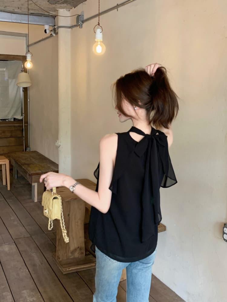 실사 정가 프랑스식 작은 여자 검정색 품격 고급 센스 행침 목 프릴 리본 작은 셔츠 민소매 셔츠 상세 이미지 3