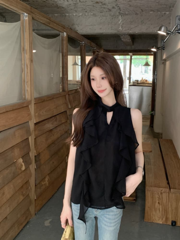 실사 정가 프랑스식 작은 여자 검정색 품격 고급 센스 행침 목 프릴 리본 작은 셔츠 민소매 셔츠 상세 이미지 5