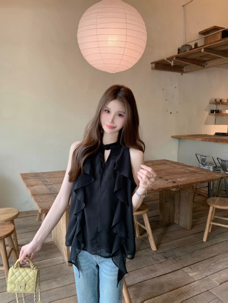 실사 정가 프랑스식 작은 여자 검정색 품격 고급 센스 행침 목 프릴 리본 작은 셔츠 민소매 셔츠 상세 이미지 6