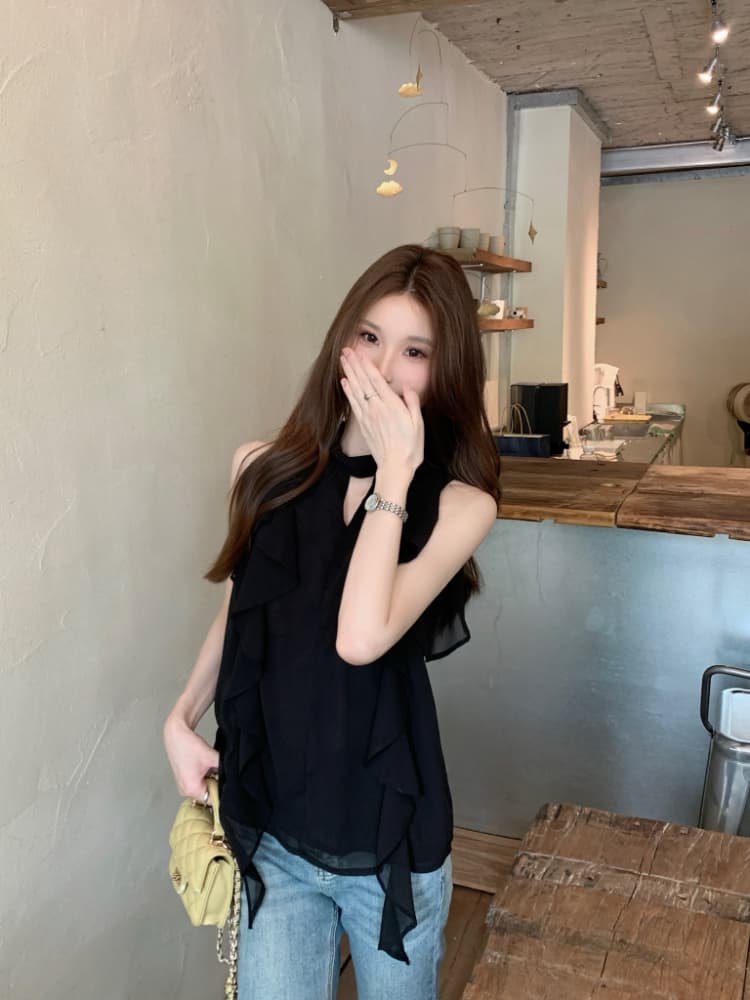 실사 정가 프랑스식 작은 여자 검정색 품격 고급 센스 행침 목 프릴 리본 작은 셔츠 민소매 셔츠 상세 이미지 8