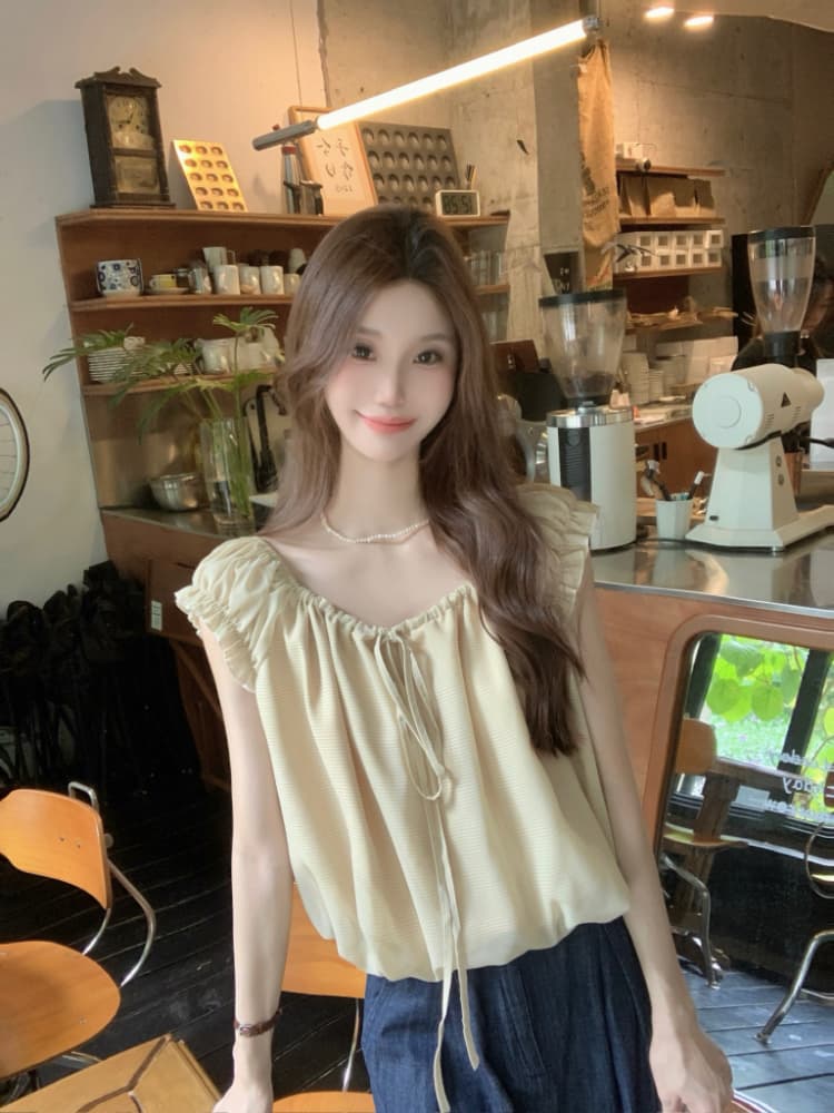 실사 정가 휴가 바람 한 부서 달콤함 루즈핏 연령 감소 작은 셔츠 여성 오프숄더 밴딩 레이스업 품격 맨위 상세 이미지 2
