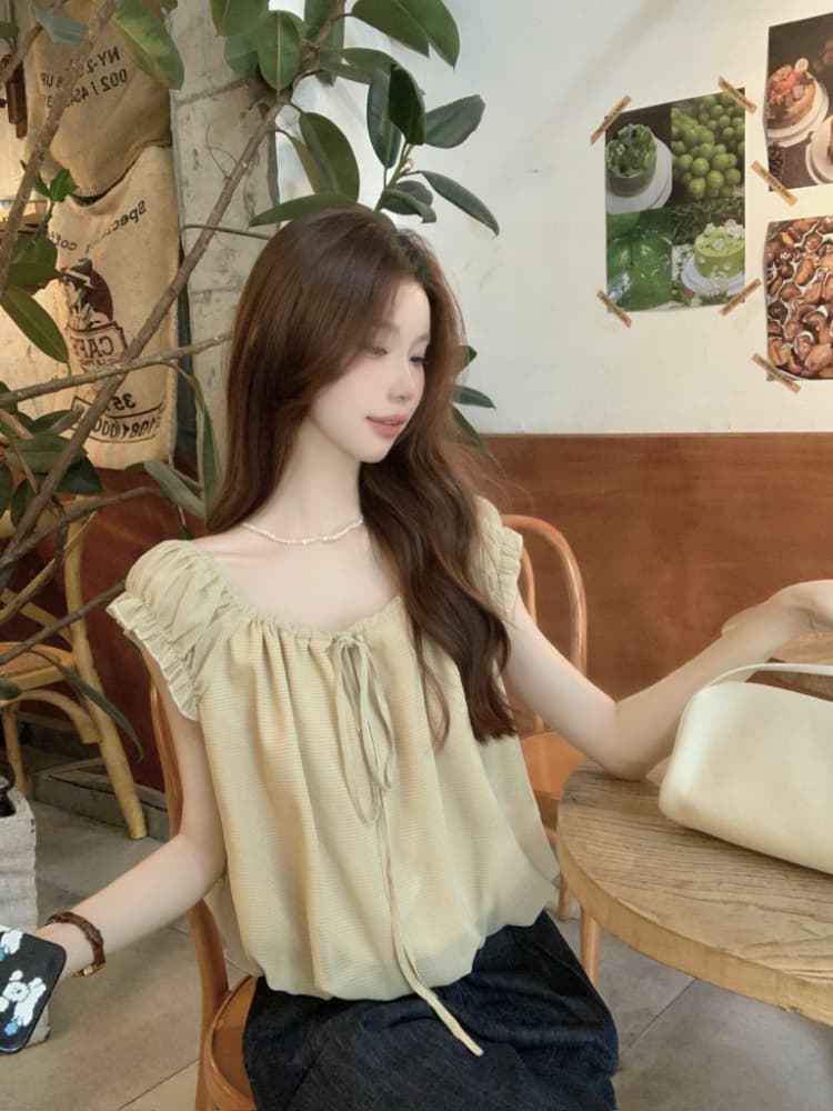 실사 정가 휴가 바람 한 부서 달콤함 루즈핏 연령 감소 작은 셔츠 여성 오프숄더 밴딩 레이스업 품격 맨위 상세 이미지 5
