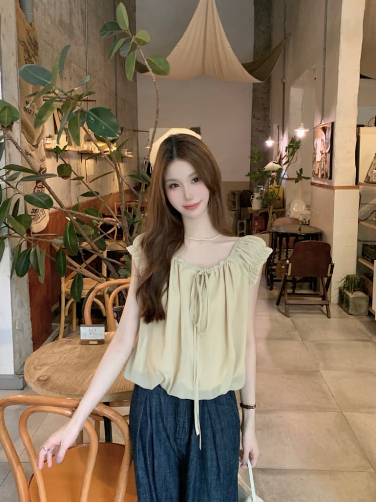 실사 정가 휴가 바람 한 부서 달콤함 루즈핏 연령 감소 작은 셔츠 여성 오프숄더 밴딩 레이스업 품격 맨위 상세 이미지 6