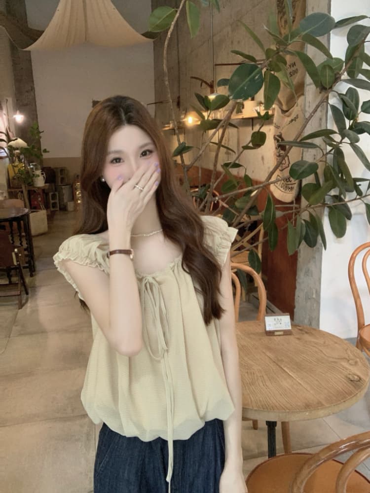 실사 정가 휴가 바람 한 부서 달콤함 루즈핏 연령 감소 작은 셔츠 여성 오프숄더 밴딩 레이스업 품격 맨위 상세 이미지 7