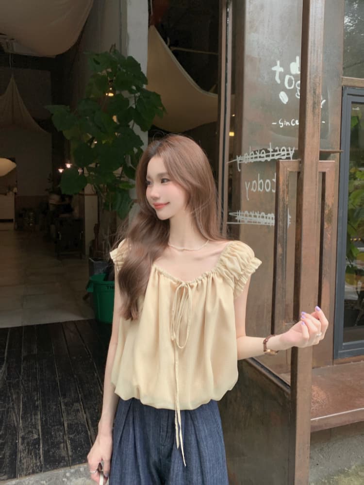 실사 정가 휴가 바람 한 부서 달콤함 루즈핏 연령 감소 작은 셔츠 여성 오프숄더 밴딩 레이스업 품격 맨위 상세 이미지 10
