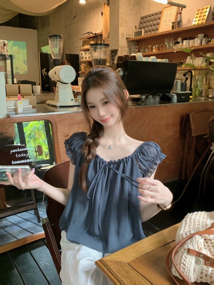 실사 정가 휴가 바람 한 부서 달콤함 루즈핏 연령 감소 작은 셔츠 여성 오프숄더 밴딩 레이스업 품격 맨위 상세 이미지 12