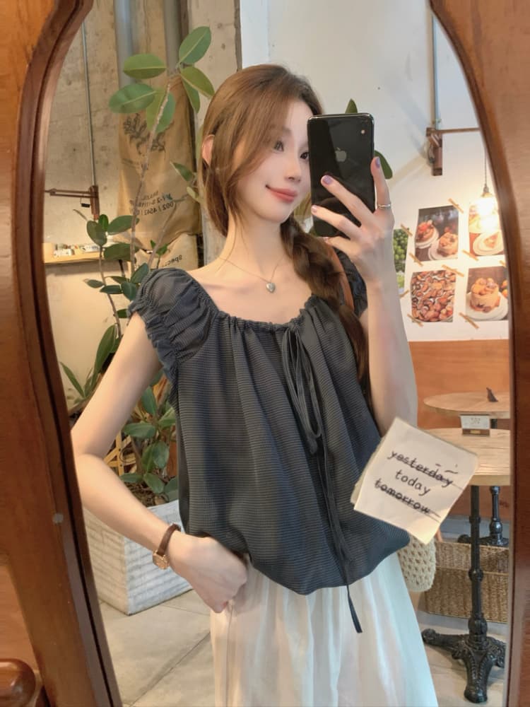 실사 정가 휴가 바람 한 부서 달콤함 루즈핏 연령 감소 작은 셔츠 여성 오프숄더 밴딩 레이스업 품격 맨위 상세 이미지 18