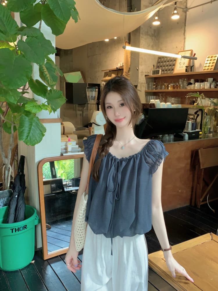 실사 정가 휴가 바람 한 부서 달콤함 루즈핏 연령 감소 작은 셔츠 여성 오프숄더 밴딩 레이스업 품격 맨위 상세 이미지 19