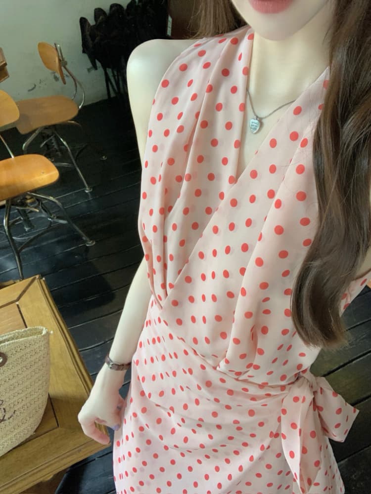 실사 정가 프랑스식 휴가 바람 품격 레트로 도트 무늬 여성 드레스 연령 감소 핑크색 쉬폰 조끼 롱 스커트 상세 이미지 7