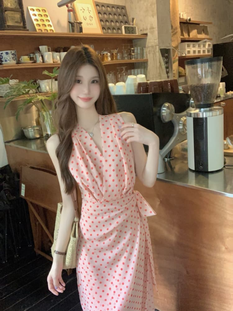 실사 정가 프랑스식 휴가 바람 품격 레트로 도트 무늬 여성 드레스 연령 감소 핑크색 쉬폰 조끼 롱 스커트 상세 이미지 8