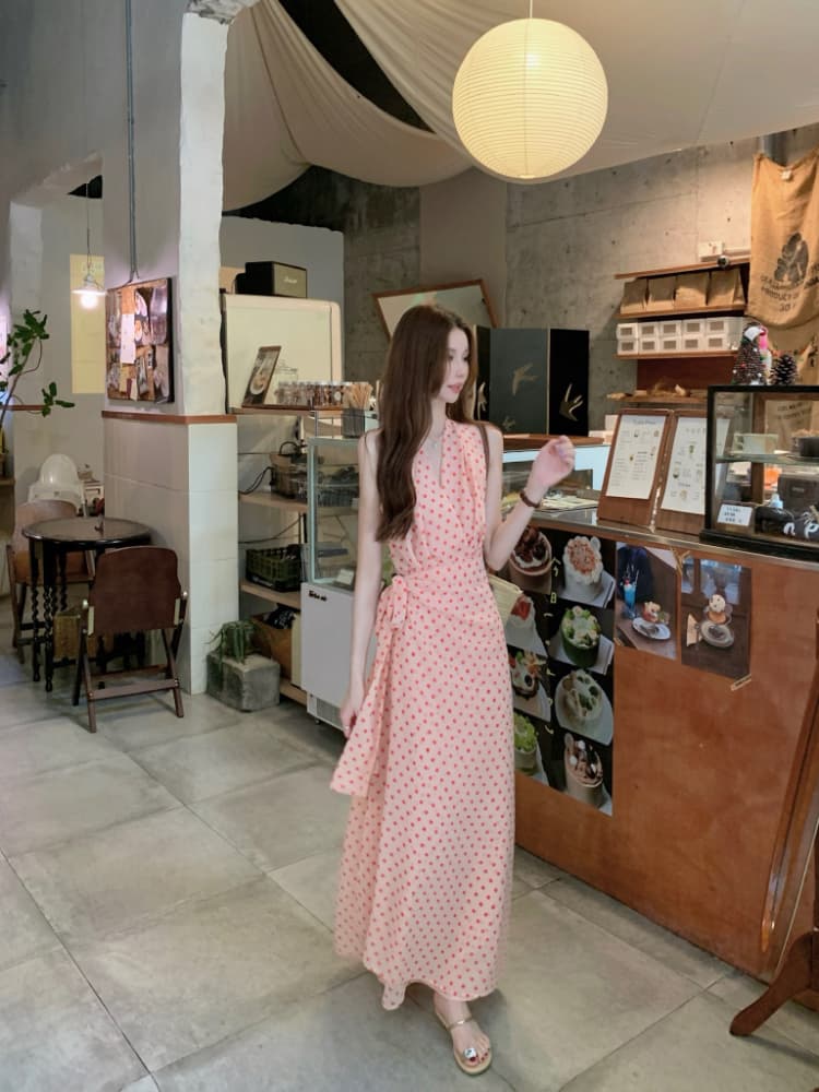 실사 정가 프랑스식 휴가 바람 품격 레트로 도트 무늬 여성 드레스 연령 감소 핑크색 쉬폰 조끼 롱 스커트 상세 이미지 9