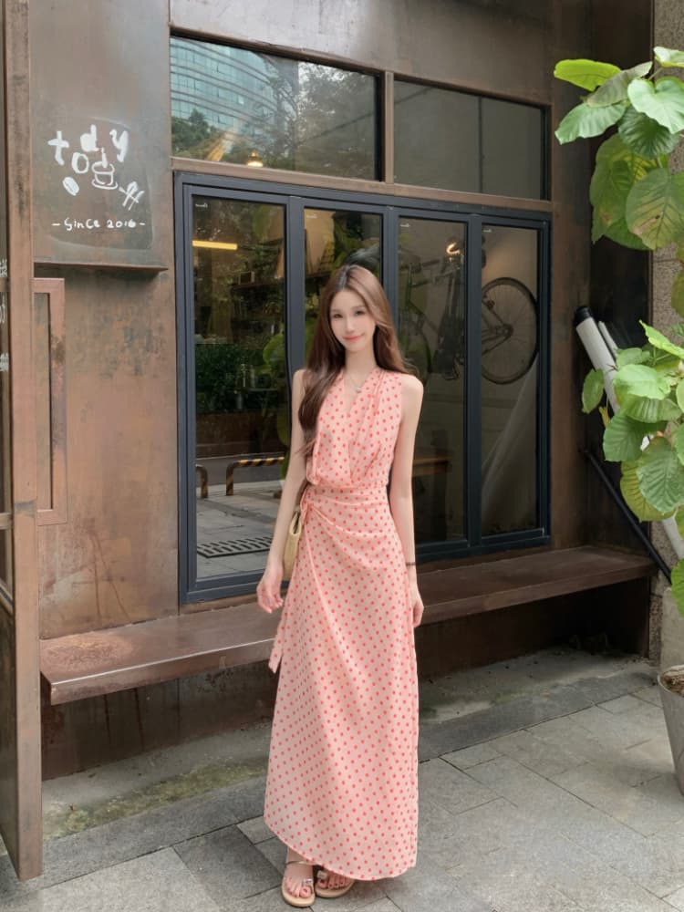 실사 정가 프랑스식 휴가 바람 품격 레트로 도트 무늬 여성 드레스 연령 감소 핑크색 쉬폰 조끼 롱 스커트 상세 이미지 10