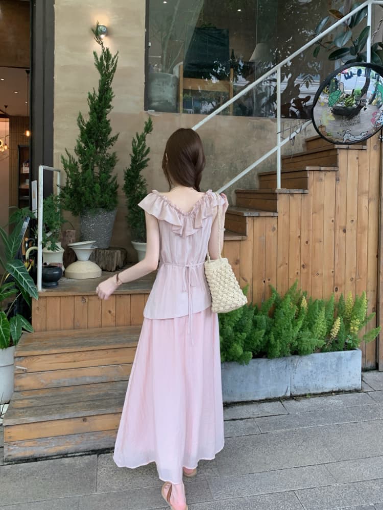 실사 정가 핑크색 프릴 민소매 여성 드레스 페이크 레이어드 패치워크 디자인 센스 아름다운 품격 롱 스커트 상세 이미지 2
