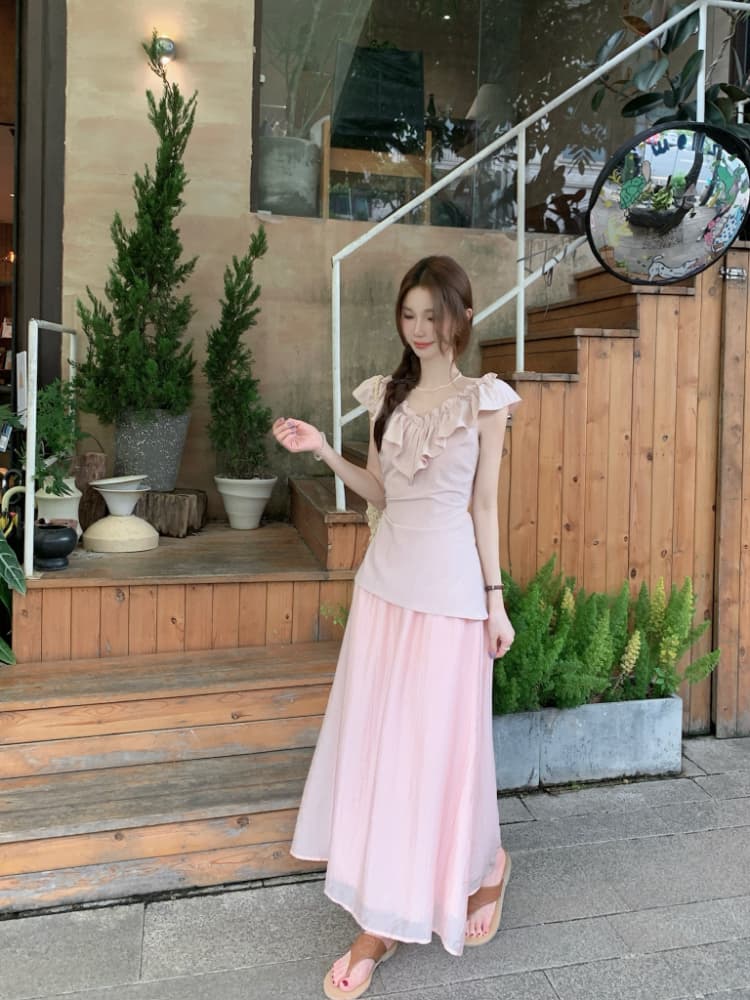 실사 정가 핑크색 프릴 민소매 여성 드레스 페이크 레이어드 패치워크 디자인 센스 아름다운 품격 롱 스커트 상세 이미지 3