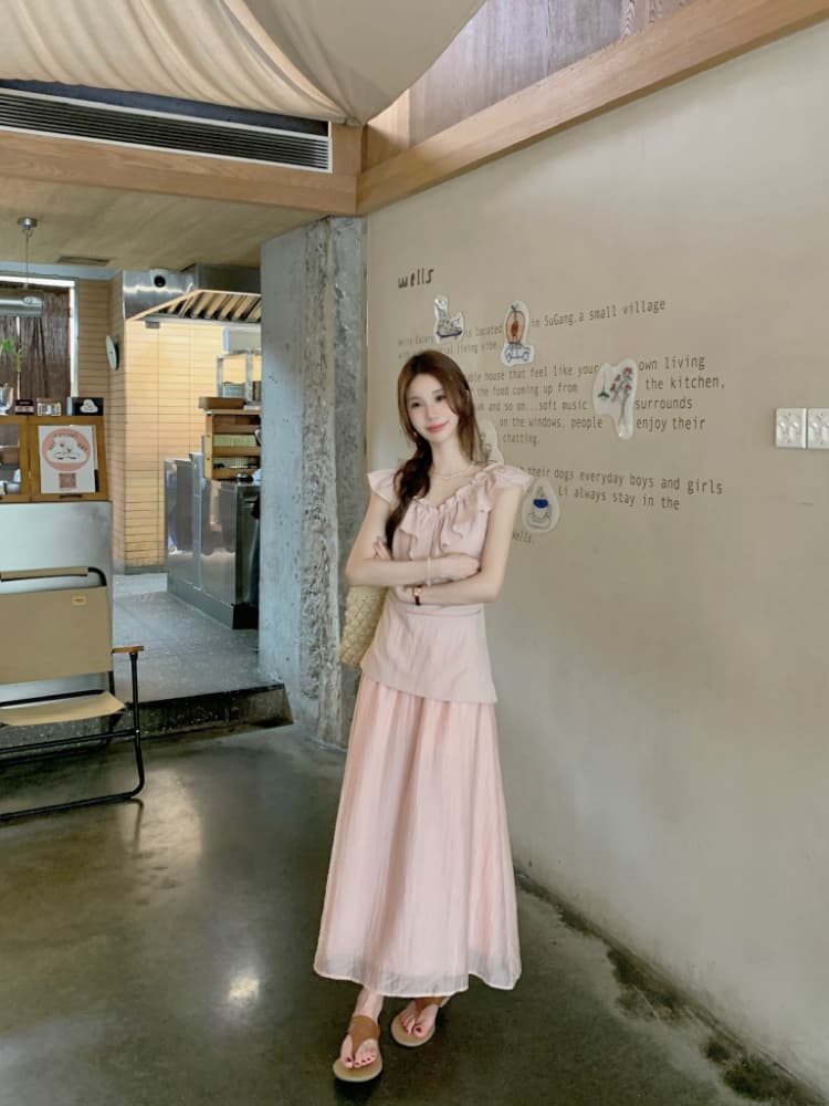 실사 정가 핑크색 프릴 민소매 여성 드레스 페이크 레이어드 패치워크 디자인 센스 아름다운 품격 롱 스커트 상세 이미지 7