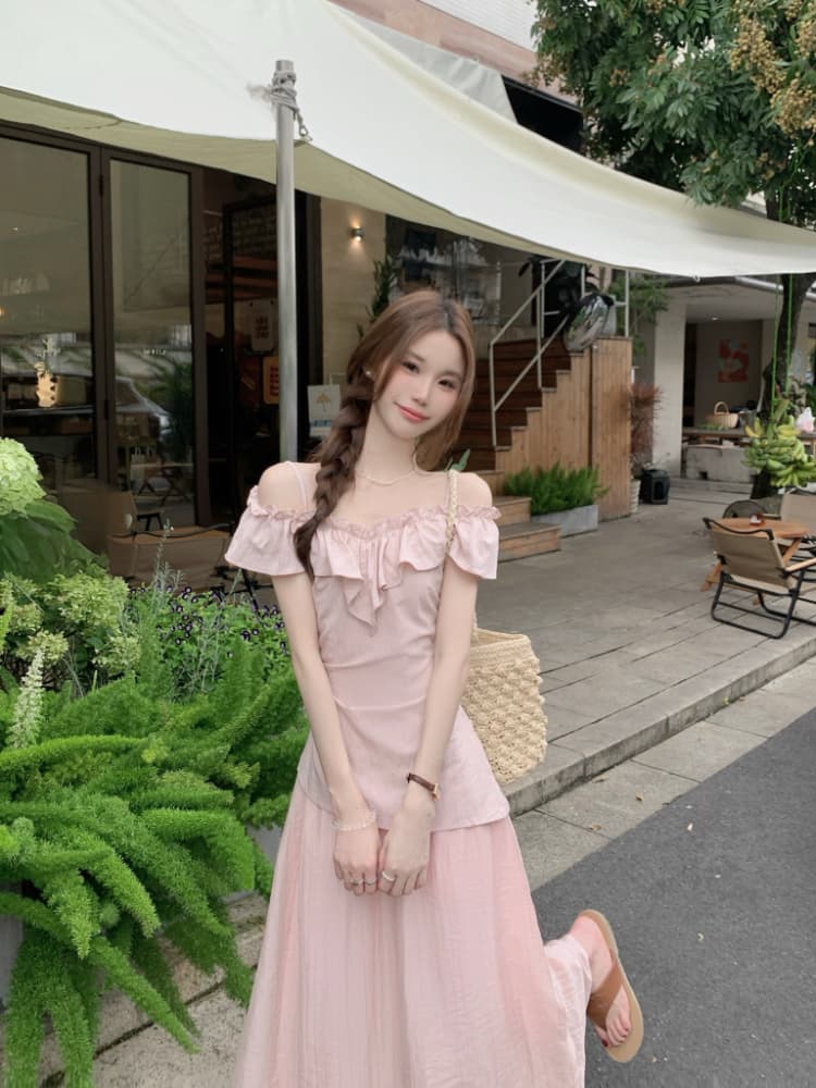 실사 정가 핑크색 프릴 민소매 여성 드레스 페이크 레이어드 패치워크 디자인 센스 아름다운 품격 롱 스커트 상세 이미지 9