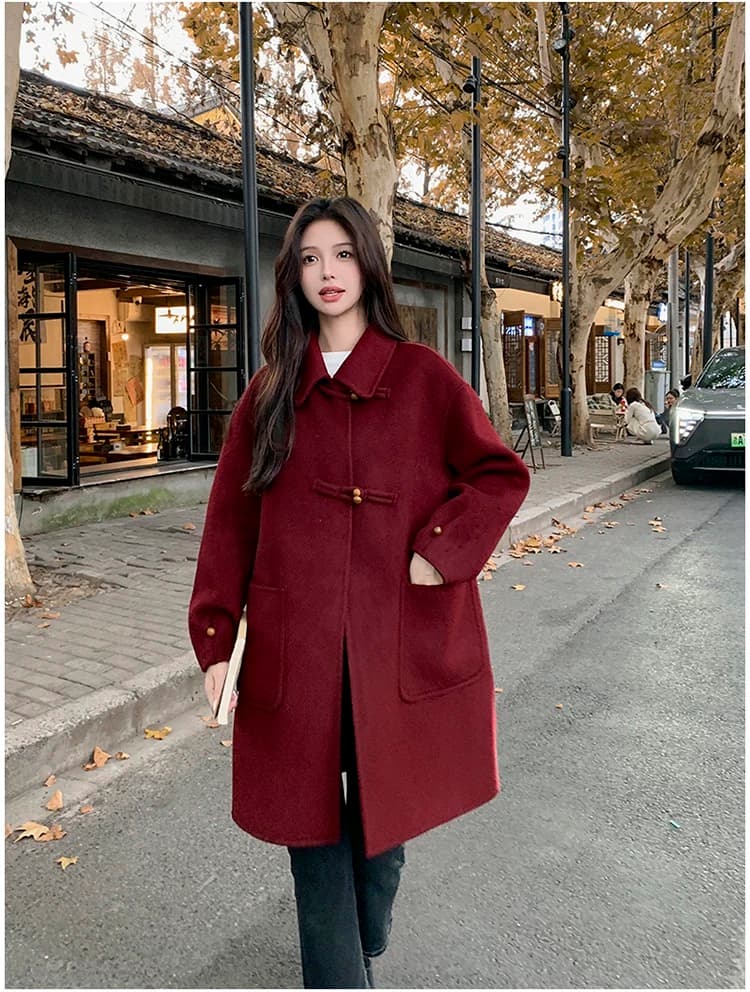 회색 단추 디자인 모직 코트 여성 가을 겨울 2025 새로운 중간 길이 작은 키 그는 벤 바람 모직 외투 상세 이미지 14