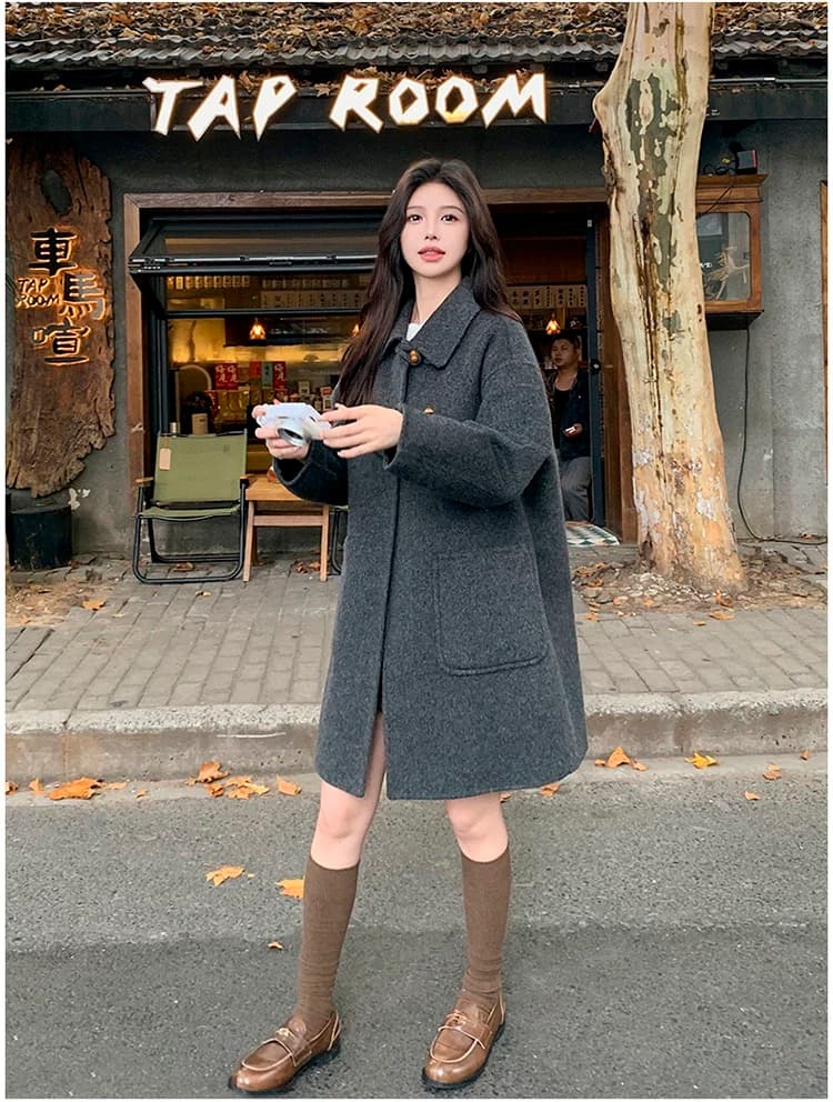 회색 단추 디자인 모직 코트 여성 가을 겨울 2025 새로운 중간 길이 작은 키 그는 벤 바람 모직 외투 상세 이미지 20
