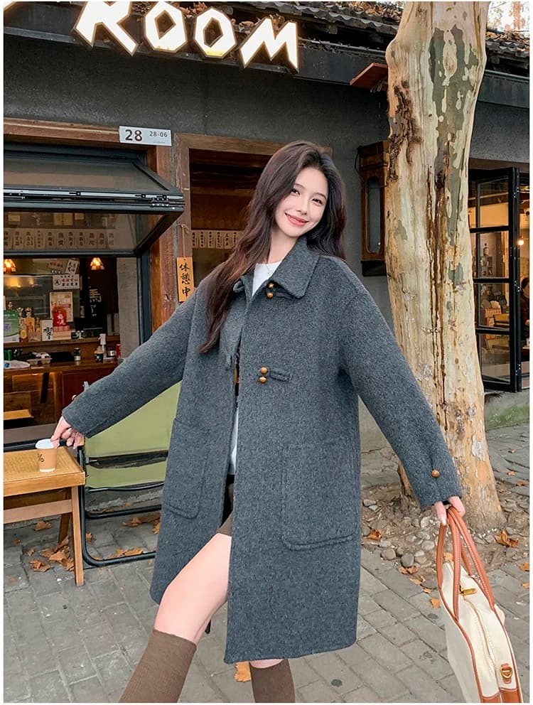 회색 단추 디자인 모직 코트 여성 가을 겨울 2025 새로운 중간 길이 작은 키 그는 벤 바람 모직 외투 상세 이미지 21