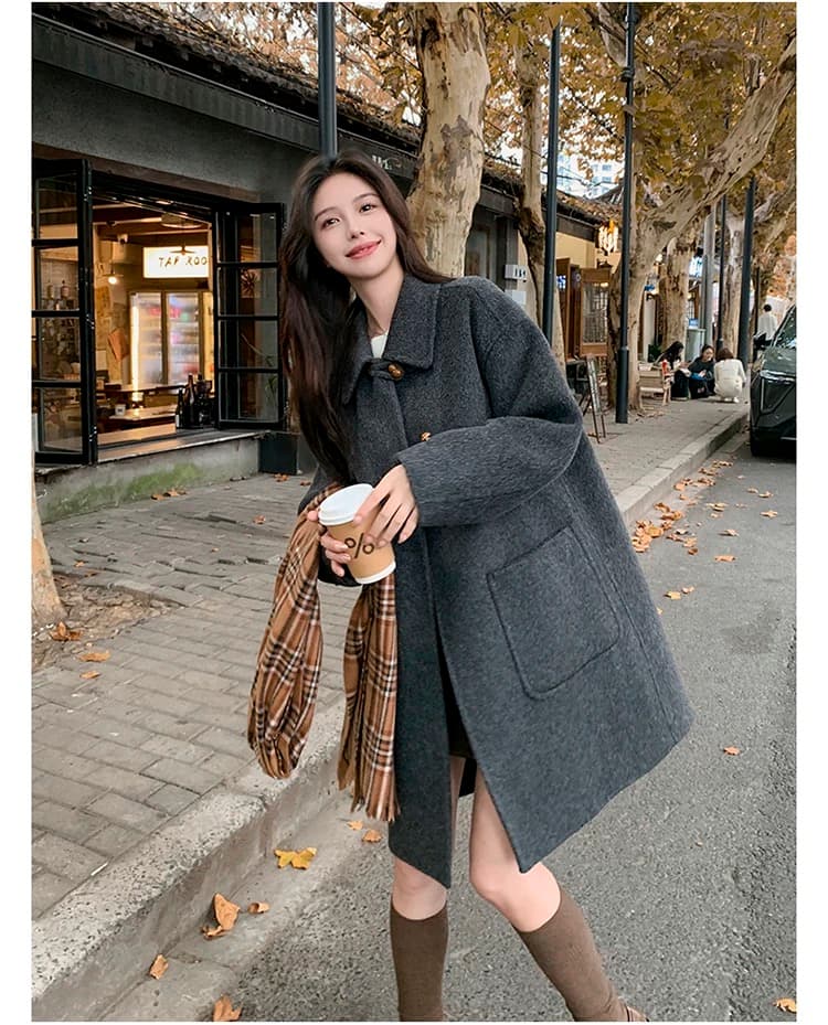 회색 단추 디자인 모직 코트 여성 가을 겨울 2025 새로운 중간 길이 작은 키 그는 벤 바람 모직 외투 상세 이미지 23