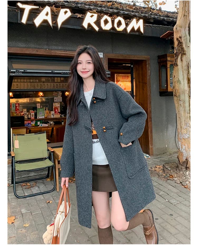 회색 단추 디자인 모직 코트 여성 가을 겨울 2025 새로운 중간 길이 작은 키 그는 벤 바람 모직 외투 상세 이미지 24