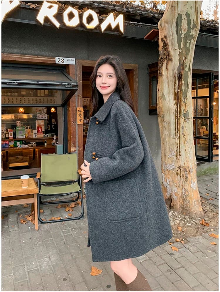 회색 단추 디자인 모직 코트 여성 가을 겨울 2025 새로운 중간 길이 작은 키 그는 벤 바람 모직 외투 상세 이미지 26