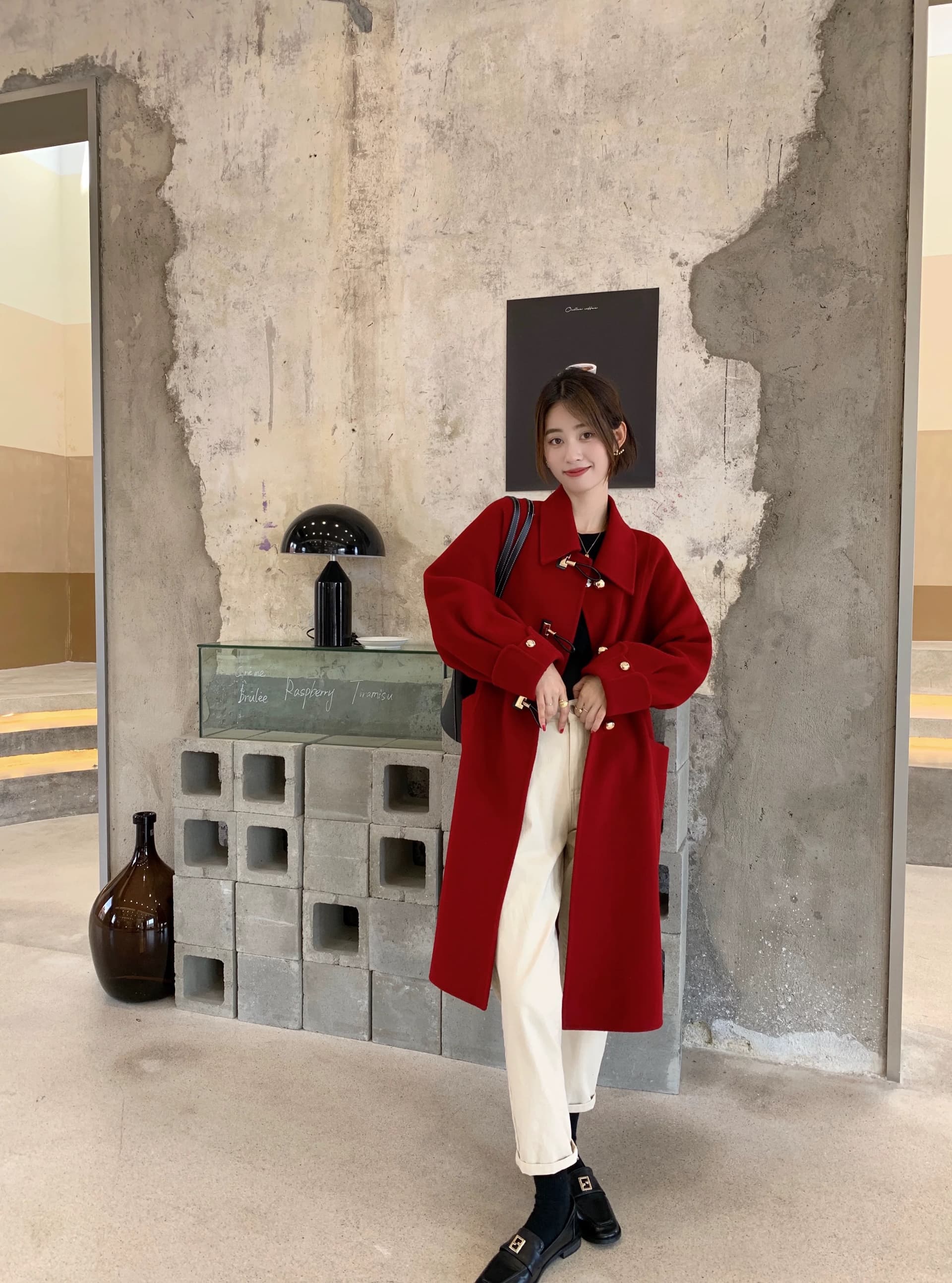 모직 코트 여성 가을 겨울 고급 센스 인생 새해 신부 결혼 작은 키 빨간색 한국 스타일 모직 외투 상세 이미지 6