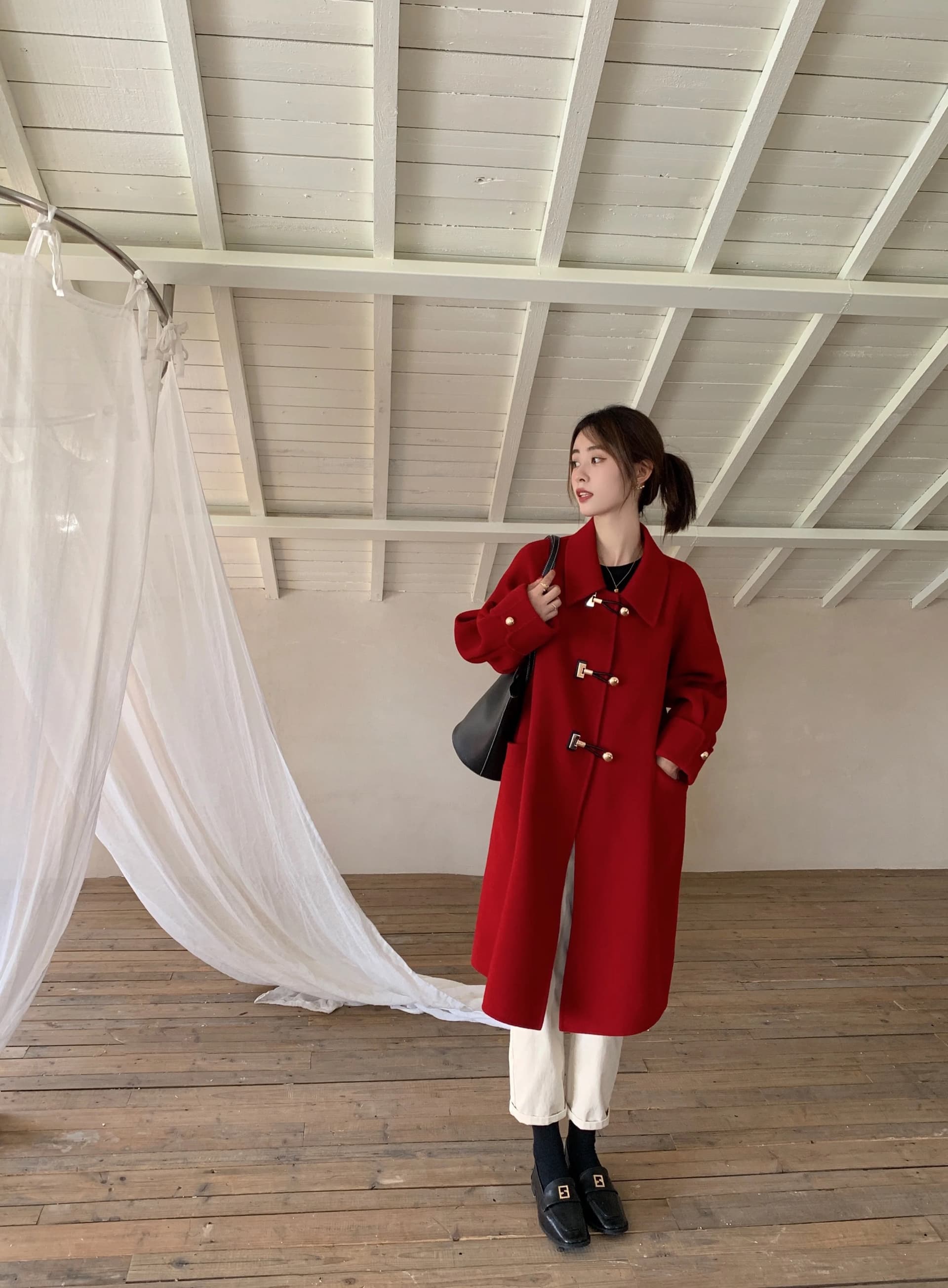 모직 코트 여성 가을 겨울 고급 센스 인생 새해 신부 결혼 작은 키 빨간색 한국 스타일 모직 외투 상세 이미지 32