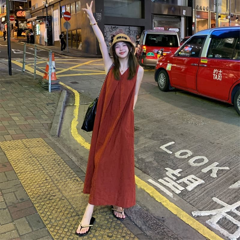빨간색 민소매 조끼 원피스 상세 이미지 2
