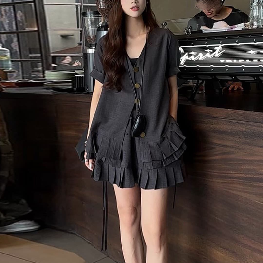 한 부서 임산부 세트 여름 얇은 스타일 면 린넨 V넥 오픈 가디건 맨위 플리츠 복부 지지 반바지 루즈핏 확실하지 않음 임신 이미지 2