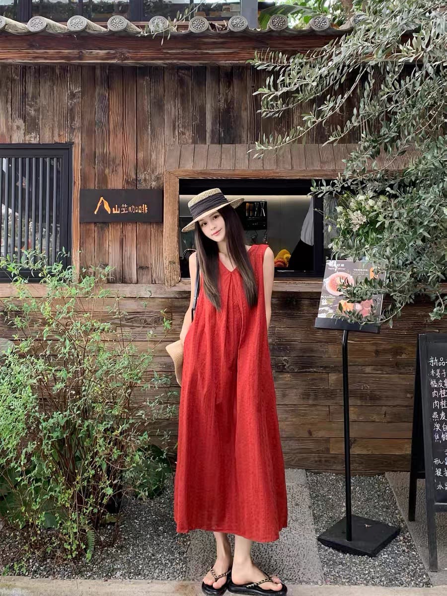 임산부 드레스 여름 얇은 스타일 질감 센스 V넥 민소매 롱 스커트 루즈핏 표지 임신 배 확실하지 않음 넓적 다리 휴가 바람 임신 상세 이미지 12