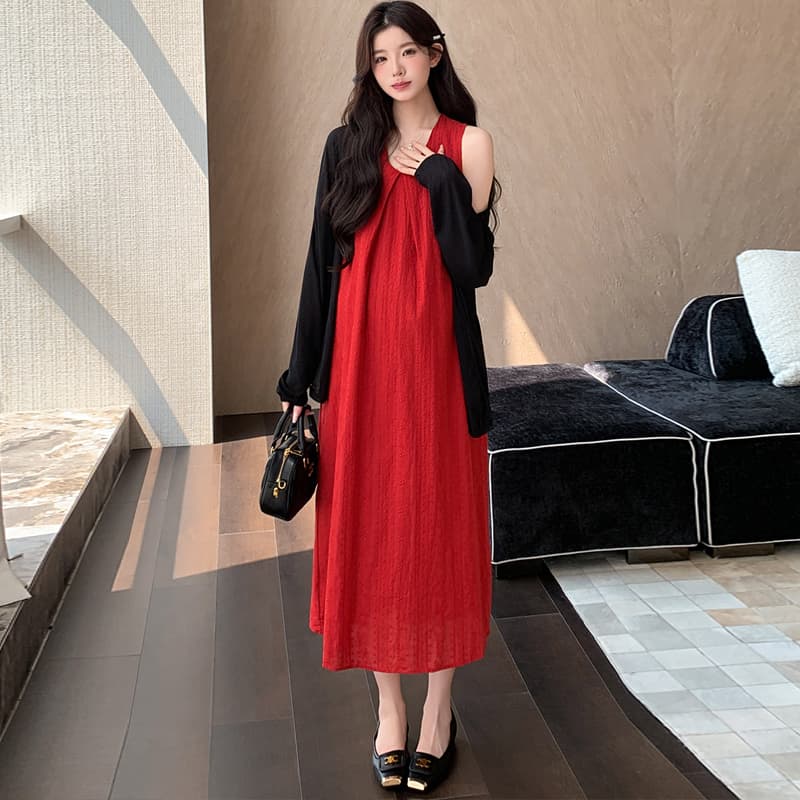 지금 임산부 드레스 투피스 세트 빅 사이즈 루즈핏 빨간색 민소매 조끼 스커트 얇은 스타일 검정색 카디건 코트 이미지 3