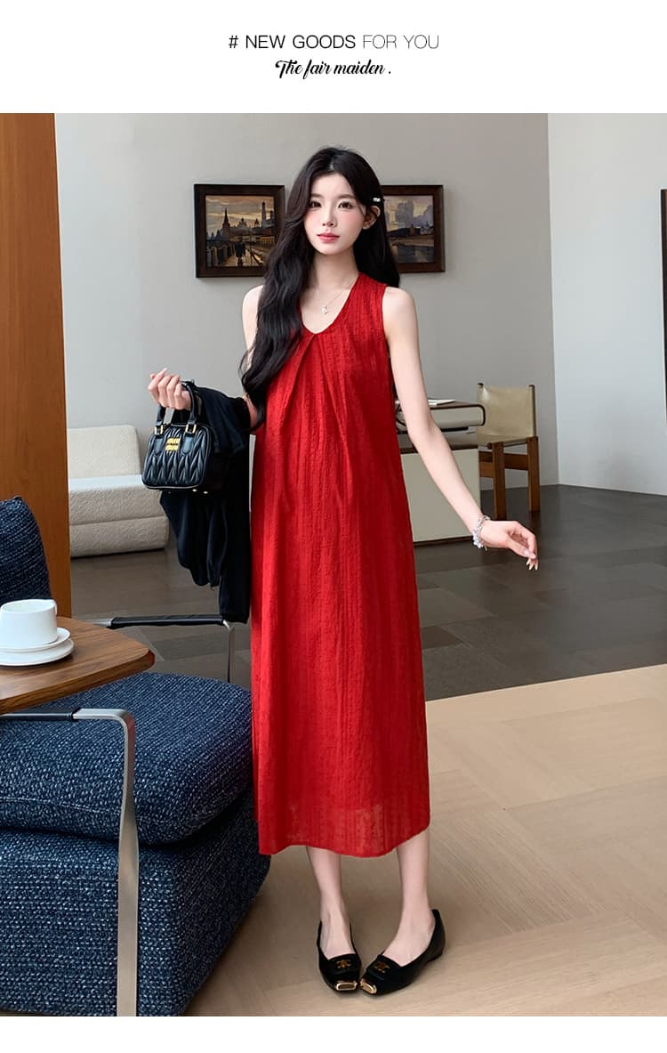 지금 임산부 드레스 투피스 세트 빅 사이즈 루즈핏 빨간색 민소매 조끼 스커트 얇은 스타일 검정색 카디건 코트 상세 이미지 11